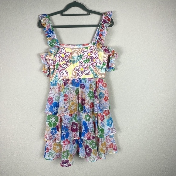 NWT All Things Mochi Ilima Floral Embroidered Mini Dress Tiered Off Shoulder M - Picture 7 of 12
